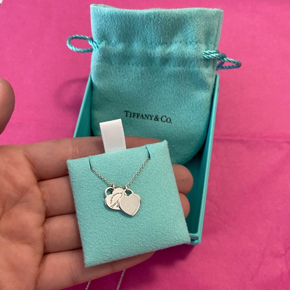 Authentic Tiffany & Co Sterling Silver Double Heart Tag Pendant Necklace ❤️ - Picture 4 of 14
